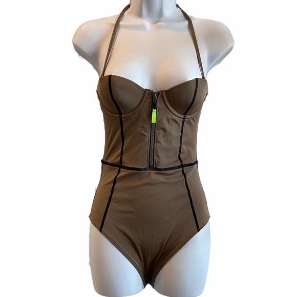 Gray Monokini w Overlock Detail & neon Zipper Pull - Picture 1 of 8